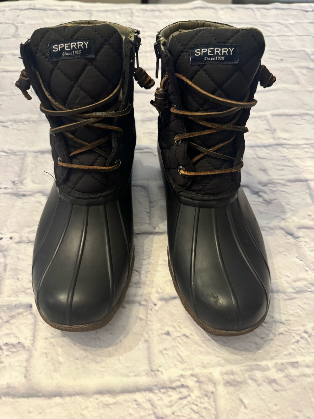 Sperry Black Quilted Duck Rain Boots with Brown Laces